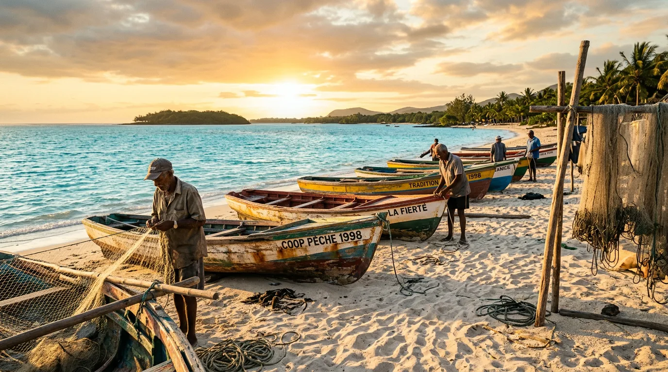 Pêcheurs de Trou d'Eau Douce sur la plage au coucher du soleil