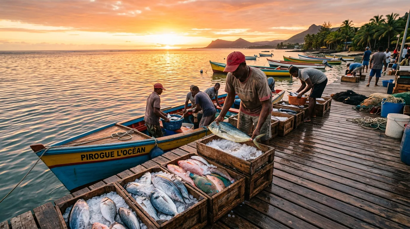 Pêcheurs déchargeant la prise du jour à Trou d'Eau Douce